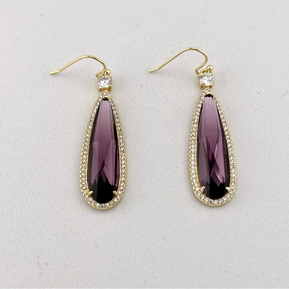 Swarovski Crystal Purple Halo Drop Earrings Gold Overlay